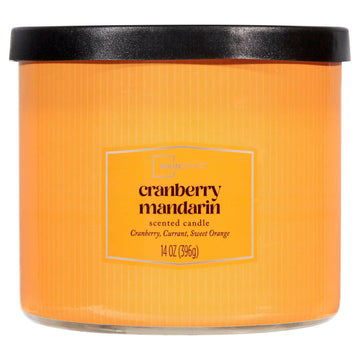 3-Wick Textured Wrapped Cranberry Mandarin Scented Candle, 14 Oz with decorative wrap and metal lid.